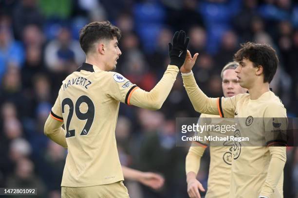 Kai Havertz of Chelsea celebrates after scoring the team's second goal during the Premier League match between Leicester City and Chelsea FC at The...
