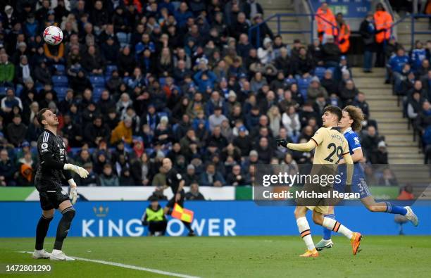 Kai Havertz of Chelsea scores the team's second goal past Danny Ward of Leicester City during the Premier League match between Leicester City and...