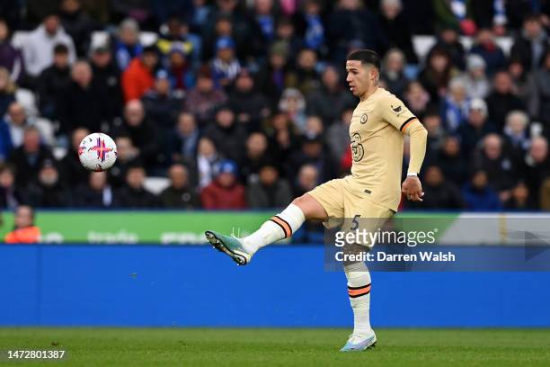 Enzo Fernandez of Chelsea passes the ball during the Premier League match between Leicester City and Chelsea FC at The King Power Stadium on March...