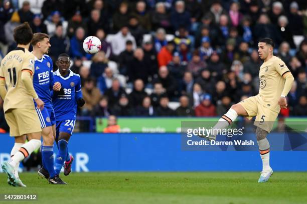 Enzo Fernandez of Chelsea passes the ball before their sides second goal during the Premier League match between Leicester City and Chelsea FC at The...