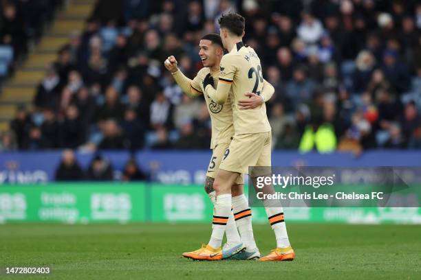 Kai Havertz of Chelsea celebrates after scoring the team's second goal during the Premier League match between Leicester City and Chelsea FC at The...