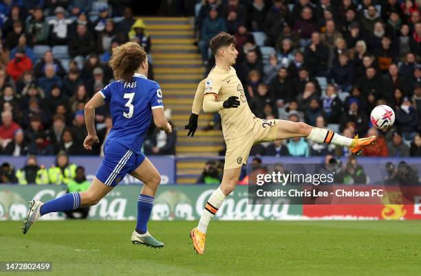 Kai Havertz of Chelsea scores the team's second goal past during the Premier League match between Leicester City and Chelsea FC at The King Power...