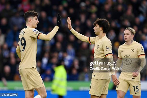 Kai Havertz of Chelsea celebrates after scoring the team's second goal during the Premier League match between Leicester City and Chelsea FC at The...