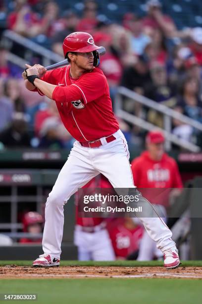 Wil Myers of the Cincinnati Reds bats in the first inning against the Arizona Diamondbacks during a spring training game at Goodyear Ballpark on...