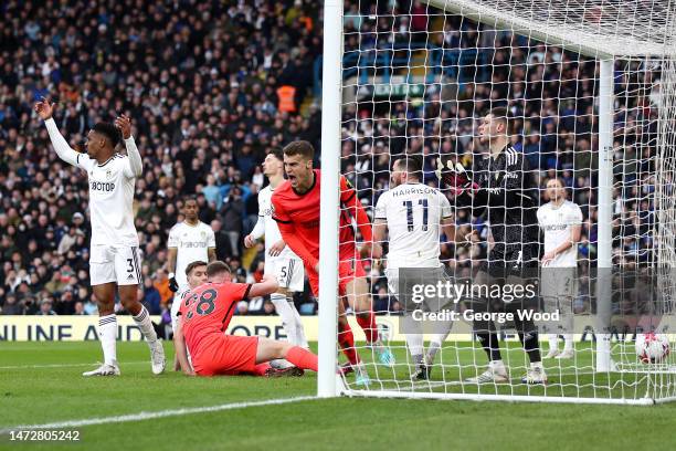 Solly March of Brighton & Hove Albion celebrates the second goal for Brighton & Hove Albion, an own goal by Jack Harrison of Leeds United during the...