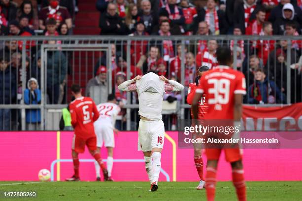 Ruben Vargas of FC Augsberg reacts during the Bundesliga match between FC Bayern Muenchen and FC Augsburg at Allianz Arena on March 11, 2023 in...