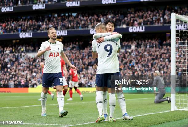 Son Heung-Min of Tottenham Hotspur celebrates after scoring the team's third goal during the Premier League match between Tottenham Hotspur and...