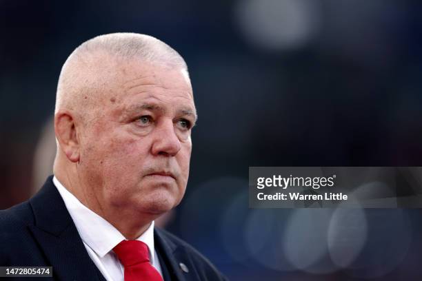 Warren Gatland, Head Coach of Wales, looks on prior to the Six Nations Rugby match between Italy and Wales at Stadio Olimpico on March 11, 2023 in...