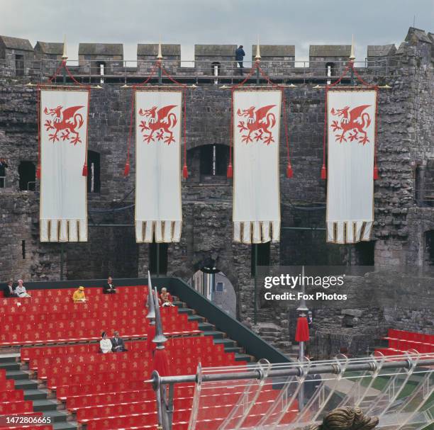 Banners adorn Caernarfon Castle during the Prince of Wales investiture ceremony of Prince Charles, in Caernarfon, Gwynedd, Wales, 1st July 1969.