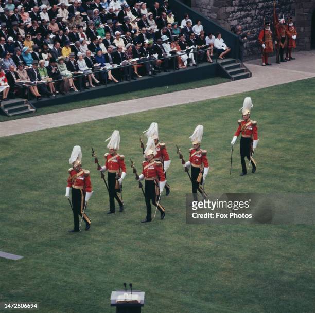 High-angle view of a six Honourable Corps of Gentlemen at Arms at the Prince of Wales investiture ceremony, held at Caernarfon Castle in Caernarfon,...