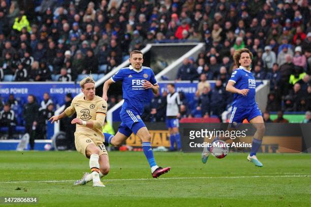 Mykhaylo Mudryk of Chelsea scores a goal which was later disallowed by VAR for offside during the Premier League match between Leicester City and...