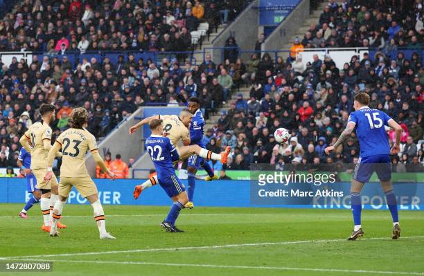 Mateo Kovacic of Chelsea scores the team's third goal during the Premier League match between Leicester City and Chelsea FC at The King Power Stadium...