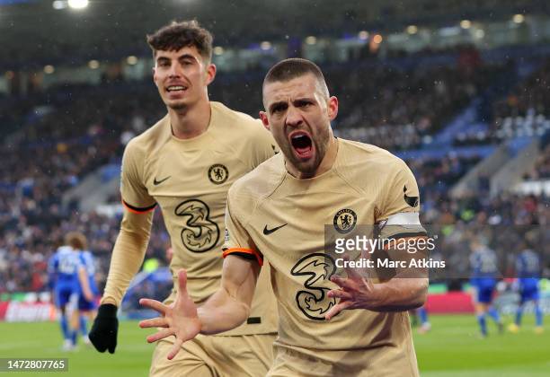 Mateo Kovacic of Chelsea celebrates after scoring the team's third goal during the Premier League match between Leicester City and Chelsea FC at The...