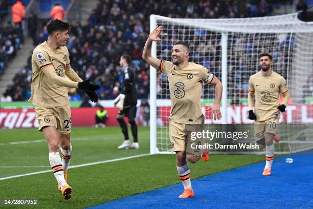 Mateo Kovacic of Chelsea celebrates after scoring the team's third goal during the Premier League match between Leicester City and Chelsea FC at The...