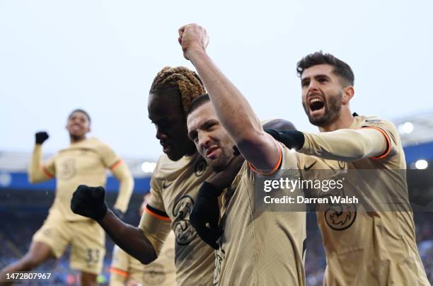 Mateo Kovacic of Chelsea celebrates after scoring the team's third goal during the Premier League match between Leicester City and Chelsea FC at The...