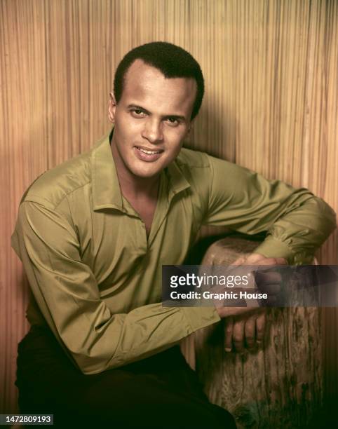 American singer, actor and civil rights activist Harry Belafonte, wearing an olive green shirt, leans his left elbow on a stump beside him, United...