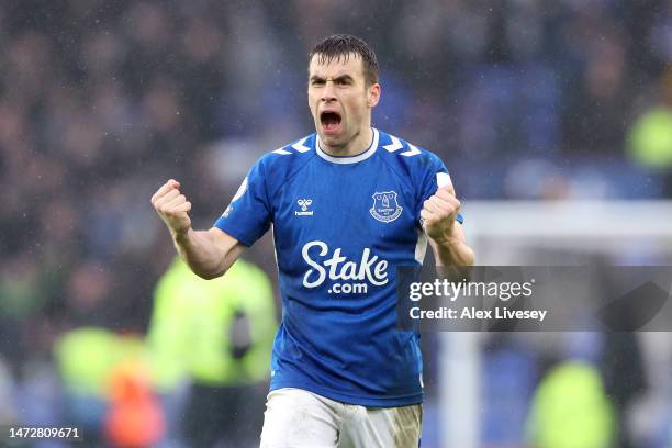 Seamus Coleman of Everton celebrates following the team's victory in the Premier League match between Everton FC and Brentford FC at Goodison Park on...