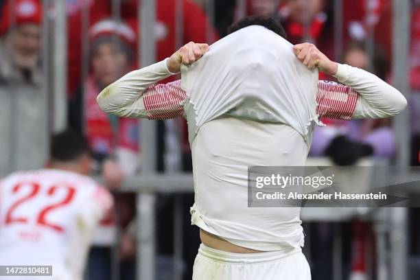 Ruben Vargas of FC Augsberg reacts during the Bundesliga match between FC Bayern Muenchen and FC Augsburg at Allianz Arena on March 11, 2023 in...