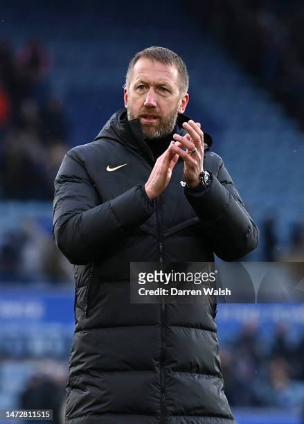 Graham Potter, Manager of Chelsea, celebrates after the team's victory during the Premier League match between Leicester City and Chelsea FC at The...