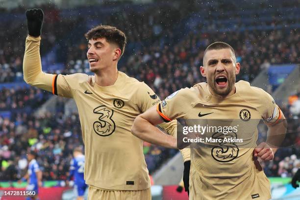 Mateo Kovacic of Chelsea celebrates after scoring the team's third goal during the Premier League match between Leicester City and Chelsea FC at The...