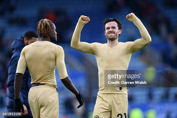 Ben Chilwell of Chelsea celebrates after the team's victory during the Premier League match between Leicester City and Chelsea FC at The King Power...