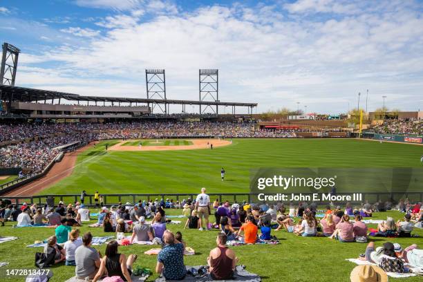 General view of the stadium during the sixth inning of the Spring Training game between the San Francisco Giants and the Colorado Rockies at Salt...