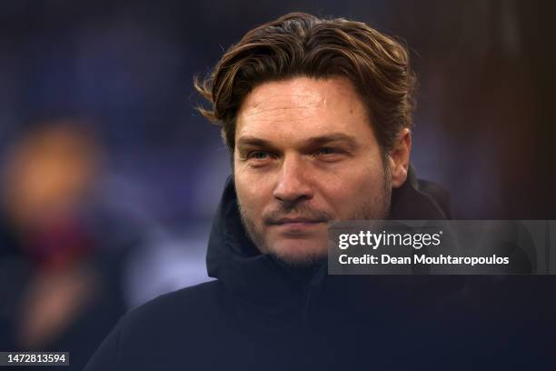 Edin Terzic, Head Coach of Borussia Dortmund, looks on prior to the Bundesliga match between FC Schalke 04 and Borussia Dortmund at Veltins-Arena on...