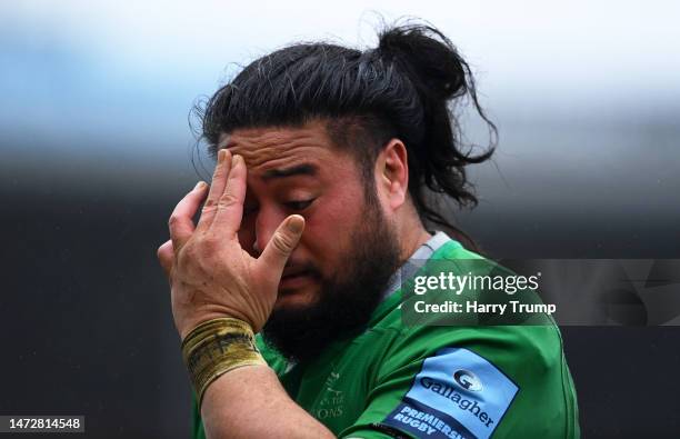 Logovi’i Mulipola of Newcastle Falcons cuts a dejected figure following the Gallagher Premiership Rugby match between Exeter Chiefs and Newcastle...