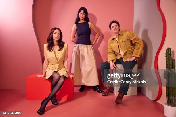 Brittany Snow, Courtney Eaton and Thomas Mann visit the IMDb Portrait Studio at SXSW 2023 on March 11, 2023 in Austin, Texas.