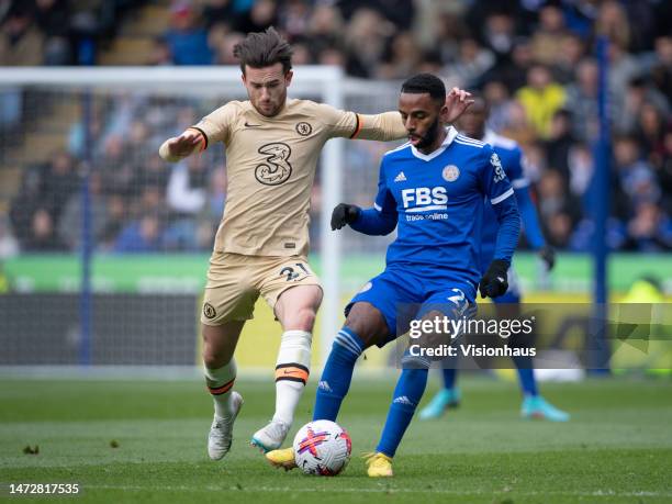 Ben Chilwell of Chelsea and Ricardo Pereira of Leicester City in action during the Premier League match between Leicester City and Chelsea FC at The...