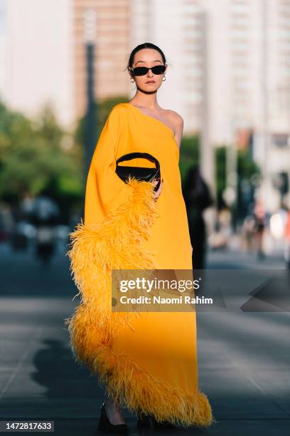 Guest is seen wearing yellow Taller Marmo dress and Oroton outside the Closing Runway at Melbourne Fashion Festival on March 11, 2023 in Melbourne,...