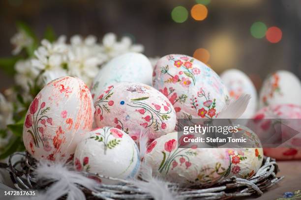 decoupage decorated easter eggs white eggs - decoupage stock pictures, royalty-free photos & images