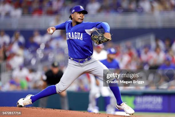 Carlos Rodriguez of Team Nicaragua delivers a pitch against Puerto Rico during the first inning of the game at loanDepot park on March 11, 2023 in...