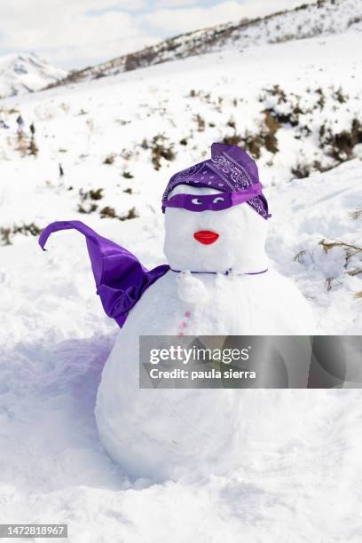 snowwoman wearing purple cape and mask - snowman and snowwoman stock pictures, royalty-free photos & images