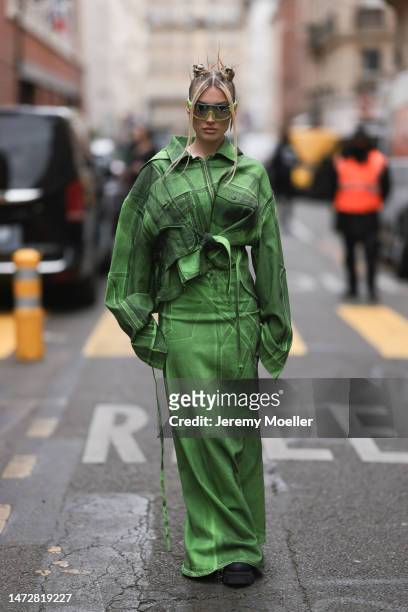 Meredith Duxbury seen wearing a green matching set by Ottlinger before the Ottolinger show on March 05, 2023 in Paris, France.