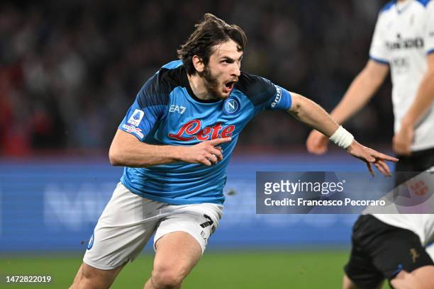 Khvicha Kvaratskhelia of SSC Napoli celebrates after scoring the team's first goal during the Serie A match between SSC Napoli and Atalanta BC at...