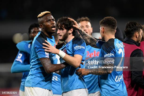 Khvicha Kvaratskhelia of SSC Napoli celebrates with teammates after scoring the team's first goal during the Serie A match between SSC Napoli and...