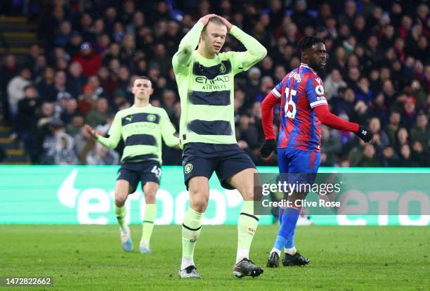 Erling Haaland of Manchester City reacts after a missed chance during the Premier League match between Crystal Palace and Manchester City at Selhurst...