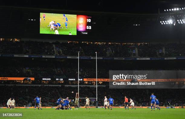 General view of the inside of the stadium as the LED board shows the final scoreline, England 10 - 53 France, during the Guinness Six Nations Rugby...