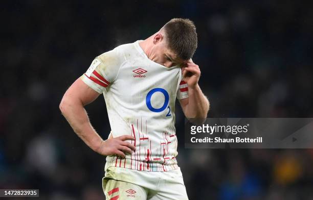 Owen Farrell of England looks dejected after the Guinness Six Nations Rugby match between England and France at Twickenham Stadium on March 11, 2023...