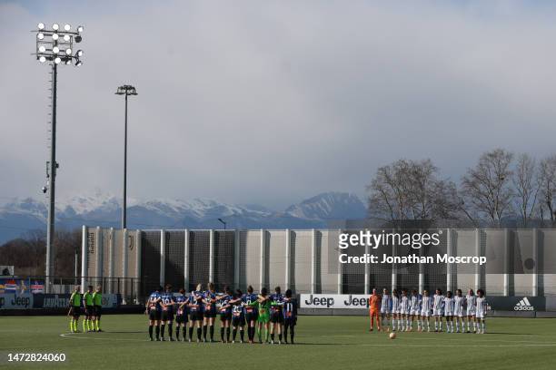 The Juventus players observe a minute's siloence prior to kick off in in the Women's Coppa Italia Semi Final 2nd Leg match between Juventus and FC...