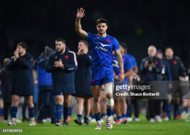 Romain Ntamack of France acknowledges the fans after the Guinness Six Nations Rugby match between England and France at Twickenham Stadium on March...
