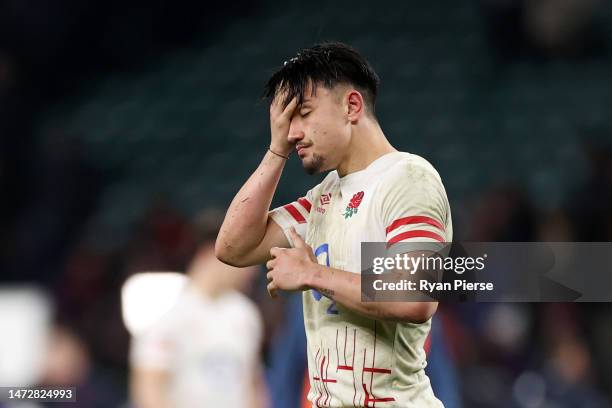Marcus Smith of England looks dejected after the Guinness Six Nations Rugby match between England and France at Twickenham Stadium on March 11, 2023...