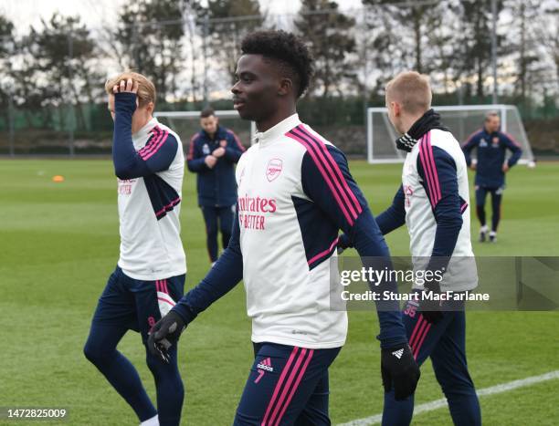 Bukayo Saka of Arsenal during a training session at London Colney on March 11, 2023 in St Albans, England.