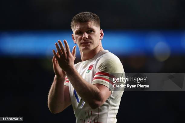Owen Farrell of England applauds their fans after the Guinness Six Nations Rugby match between England and France at Twickenham Stadium on March 11,...