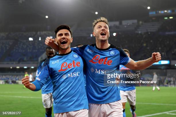 Amir Rrahmani of SSC Napoli celebrates with teammate Eljif Elmas after scoring the team's second goal during the Serie A match between SSC Napoli and...