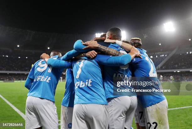 Amir Rrahmani of SSC Napoli celebrates with teammates after scoring the team's second goal during the Serie A match between SSC Napoli and Atalanta...