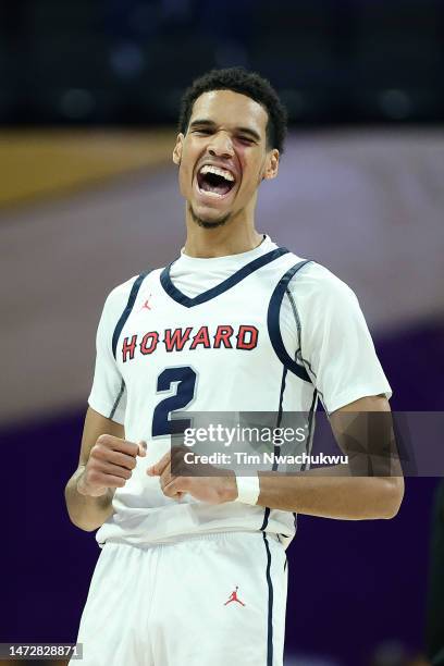 Steve Settle III of the Howard Bison reacts during the first half against the Norfolk State Spartans during the 2023 MEAC Men's Basketball Tournament...