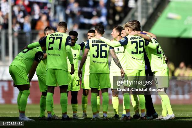 The team of TSV 1860 Muenchen comes together prior to the 3. Liga match between MSV Duisburg and TSV 1860 München at Schauinsland-Reisen-Arena on...