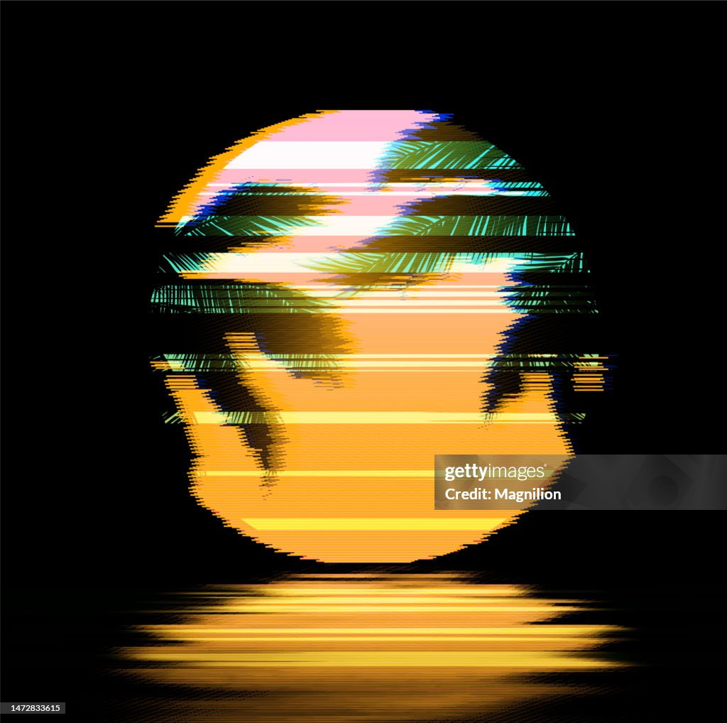 Glitch Art Sunset con palmeras, sol naranja o luna sobre el agua. Arte Synthwave Retrowave